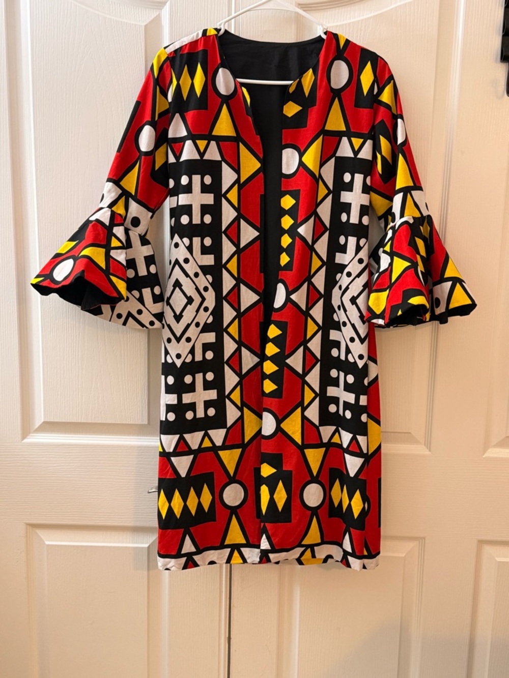 Bold Geometric Jester print Handmade Custom Unique Bell-Sleeve open front coat.